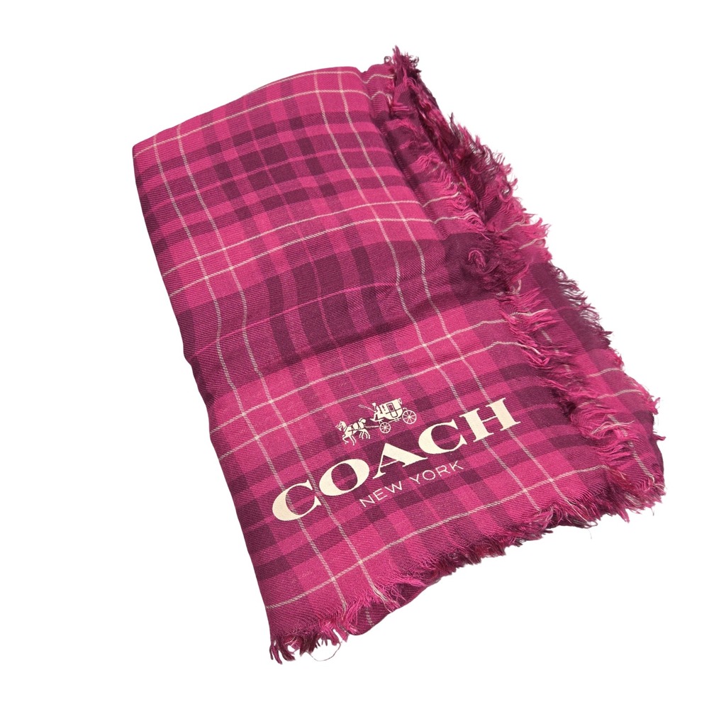 Coach New York Vintage Plaid Oversized Square Scarf Magenta Purple Fringe 48x48